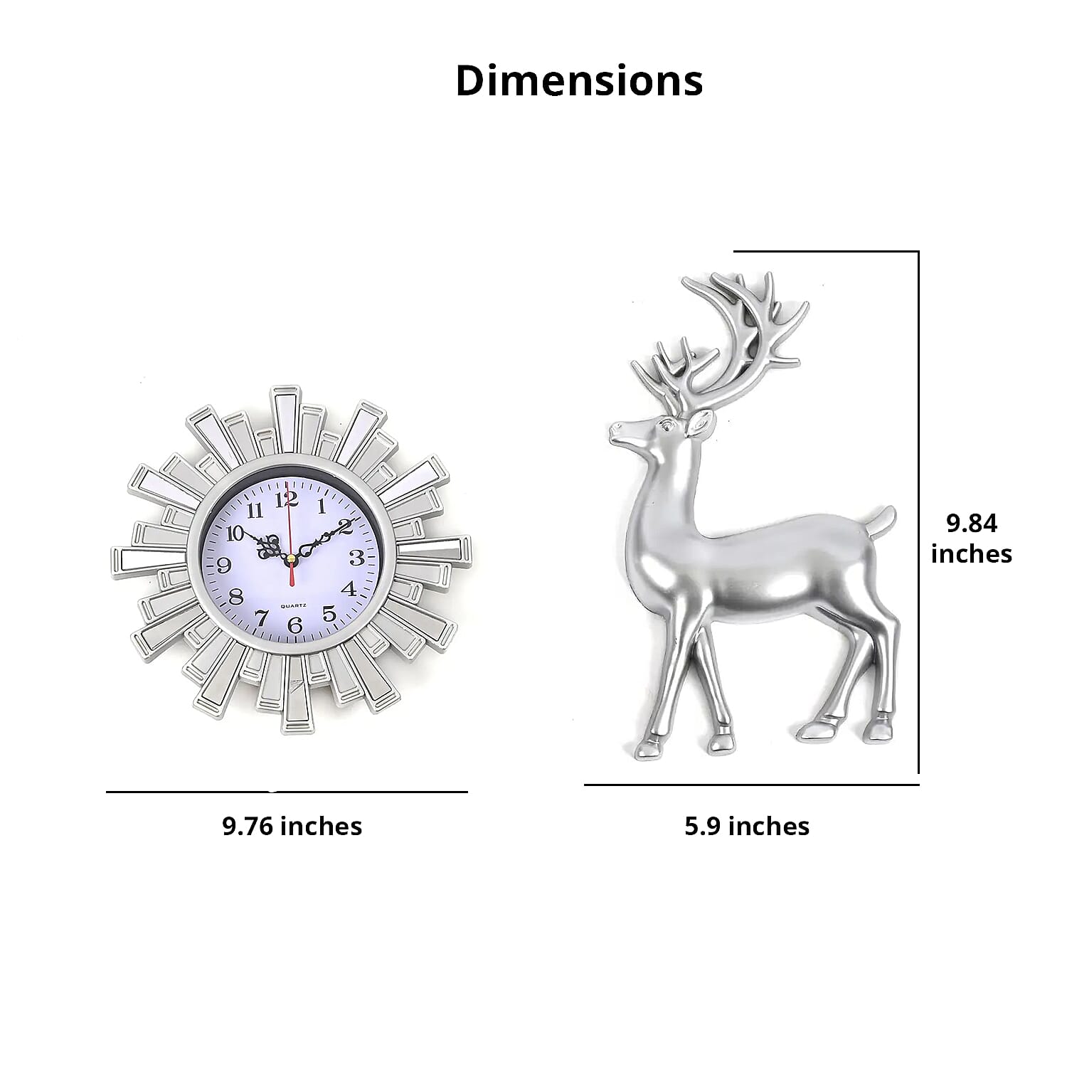 Silver Color Fancy Wall Clock (1xAA Battery Not Included) and 2pcs Deer Decor