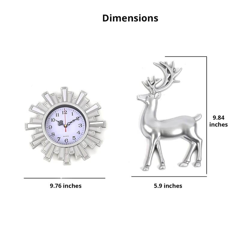 Silver Color Fancy Wall Clock (1xAA Battery Not Included) and 2pcs Deer Decor