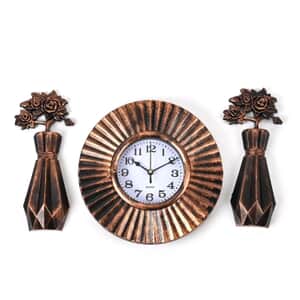 Bronze Color Wall Clock (1xAA Battery Not Included) and 2pcs Vases