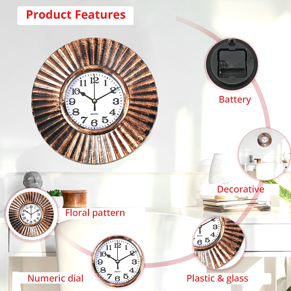 Bronze Color Wall Clock (1xAA Battery Not Included) and 2pcs Vases image number 1