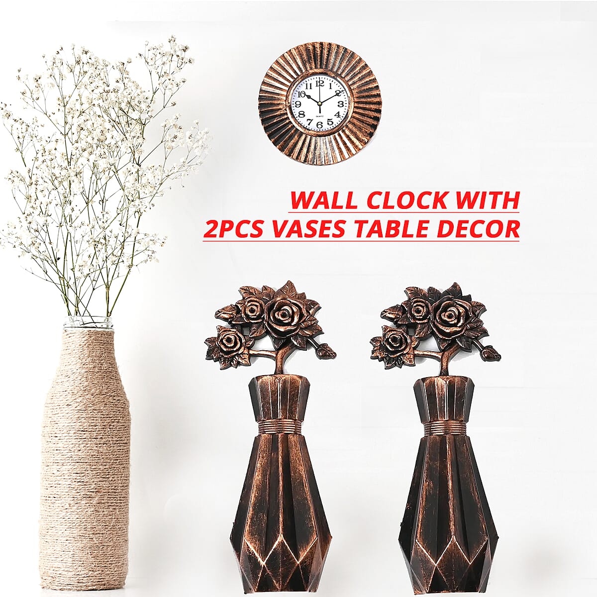Bronze Color Wall Clock (1xAA Battery Not Included) and 2pcs Vases image number 2