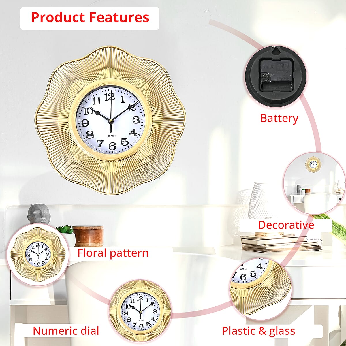 Gold Color Fancy Wall Clock (1xAA Battery Not Included) and 2pcs Flower Decor image number 1