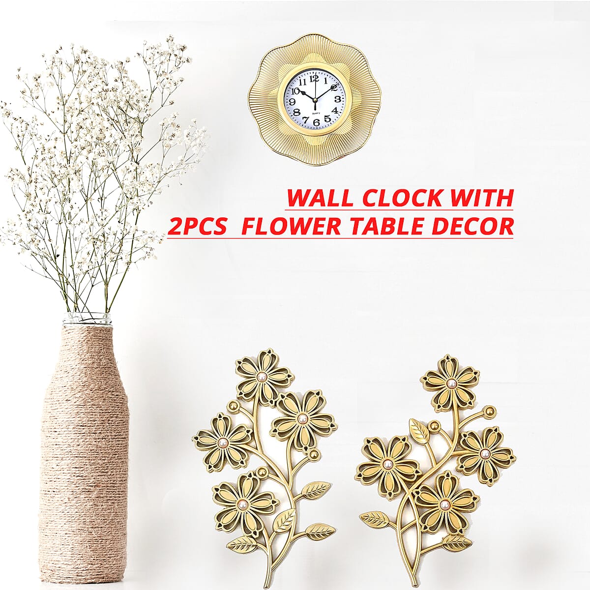 Gold Color Fancy Wall Clock (1xAA Battery Not Included) and 2pcs Flower Decor image number 2