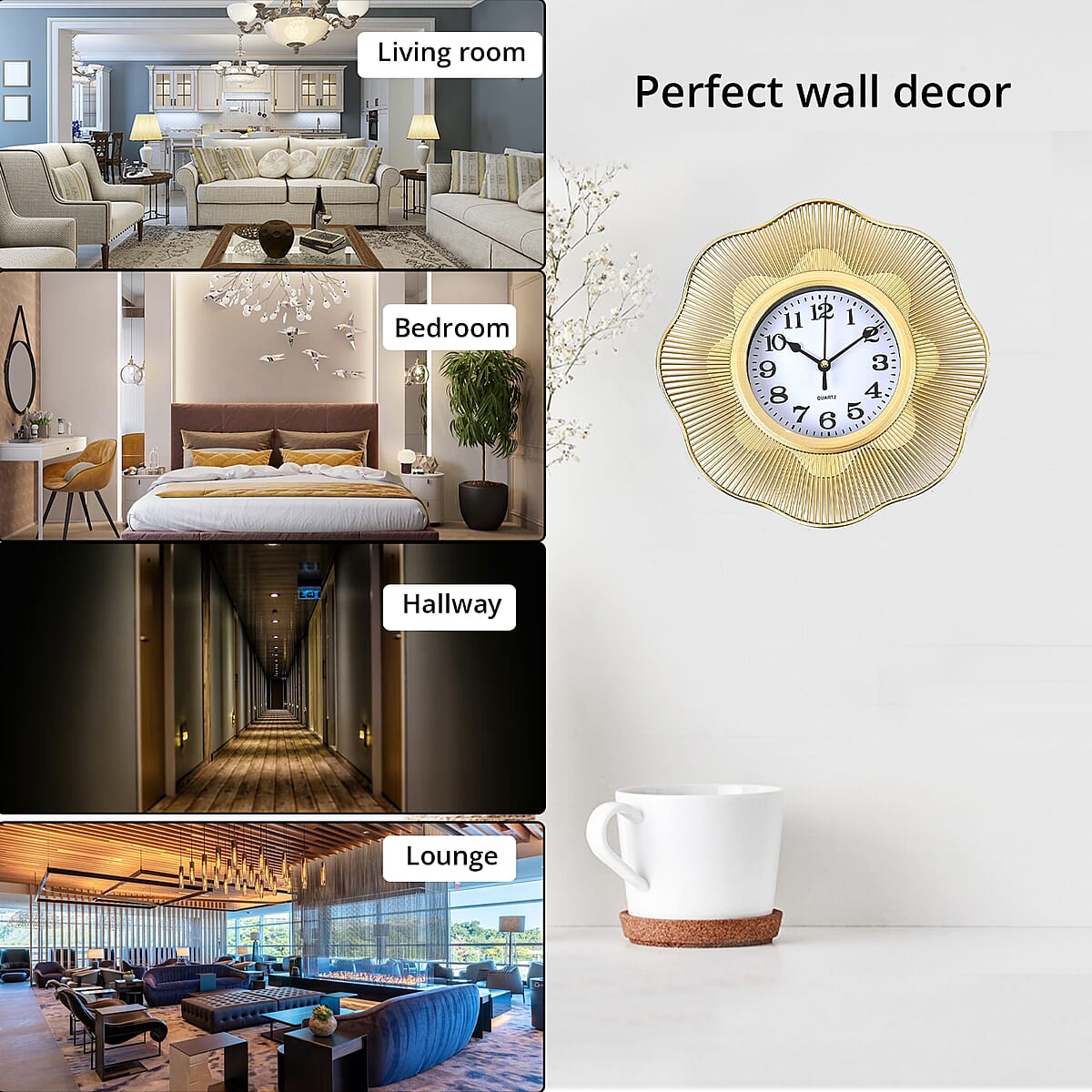 Gold Color Fancy Wall Clock (1xAA Battery Not Included) and 2pcs Flower Decor image number 3