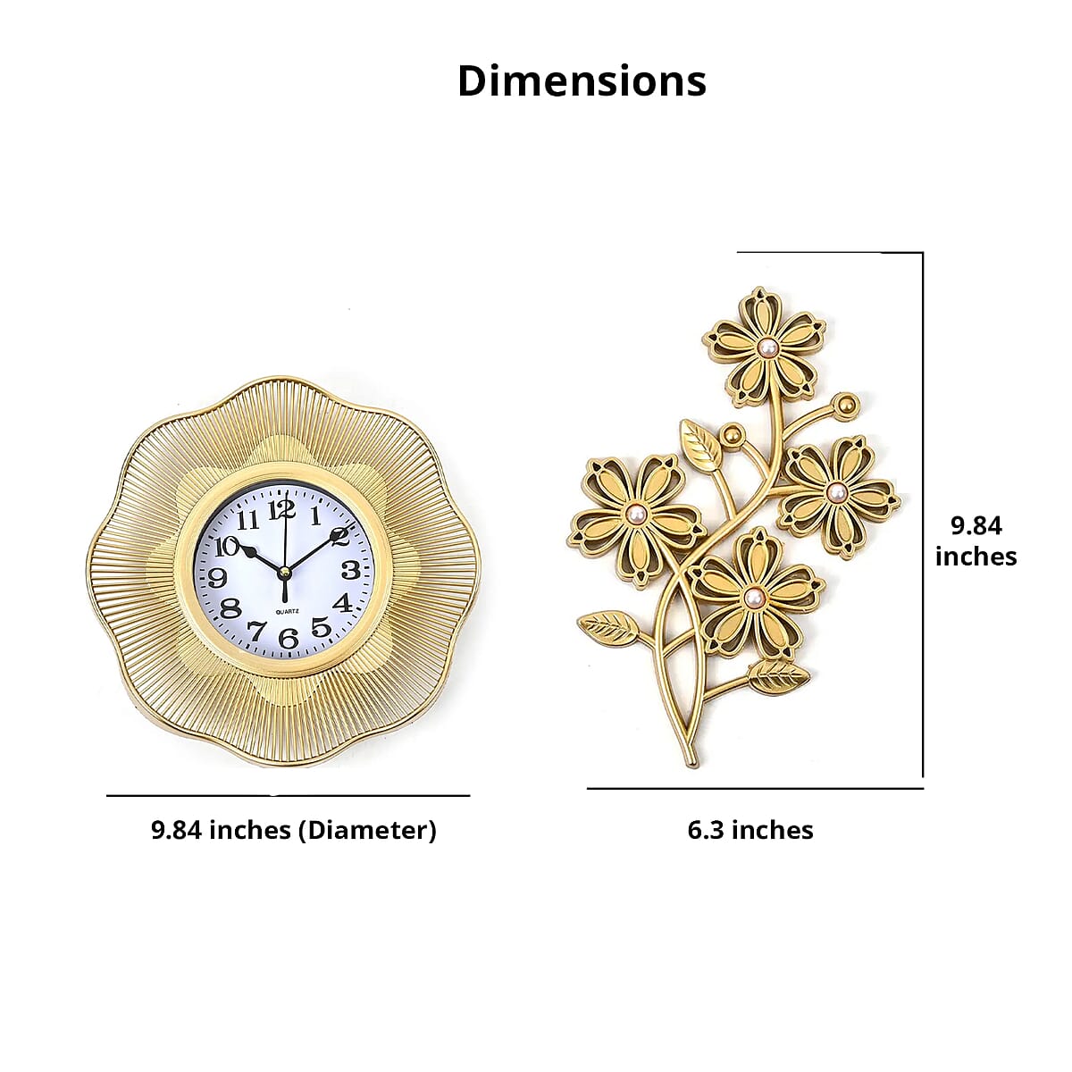 Gold Color Fancy Wall Clock (1xAA Battery Not Included) and 2pcs Flower Decor image number 4