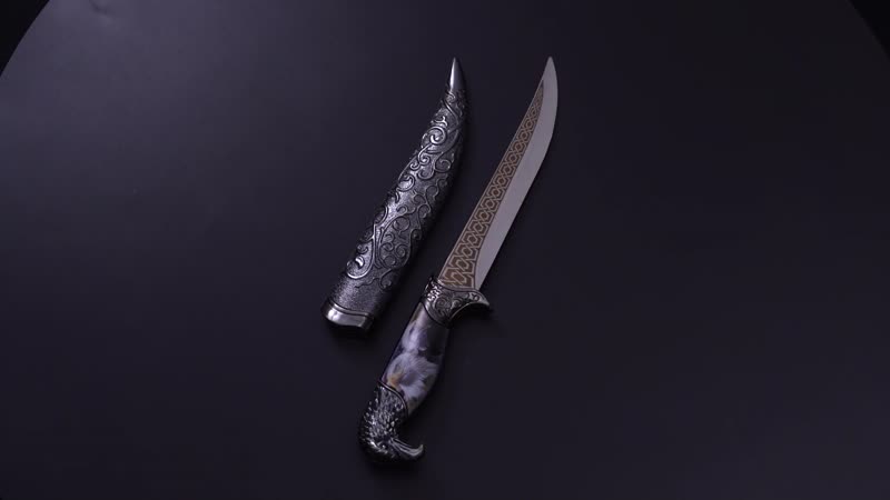 Dark Silver Outdoor Hunting Knife Stainless Steel Blade 6.6" and Scabbard Handle with Eagle Head Pommel