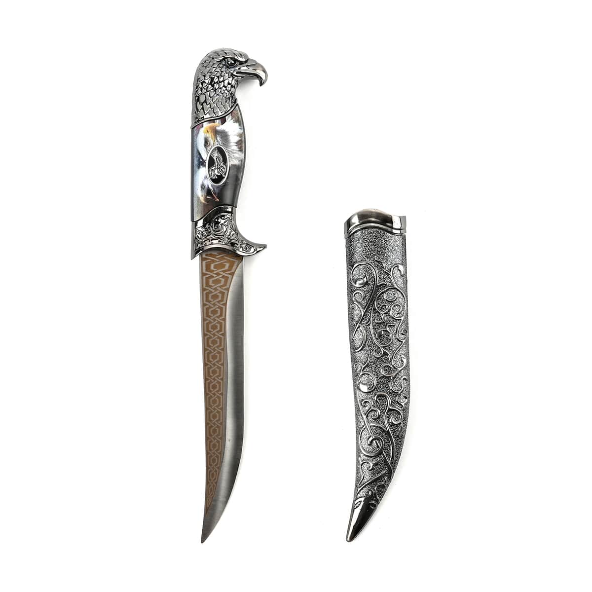 Dark Silver Outdoor Hunting Knife Stainless Steel Blade 6.6" and Scabbard Handle with Eagle Head Pommel image number 1