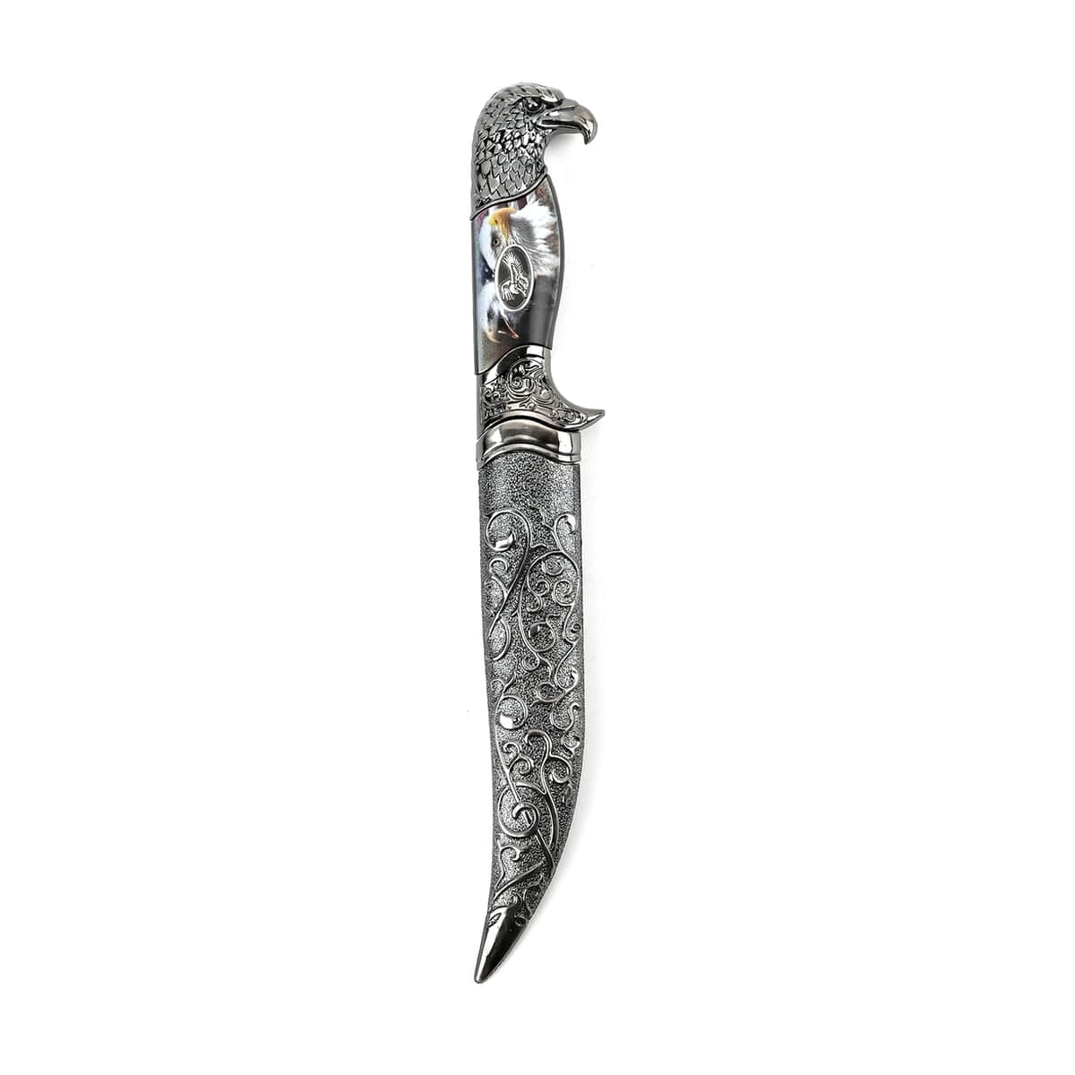 Dark Silver Outdoor Hunting Knife Stainless Steel Blade 6.6" and Scabbard Handle with Eagle Head Pommel image number 2