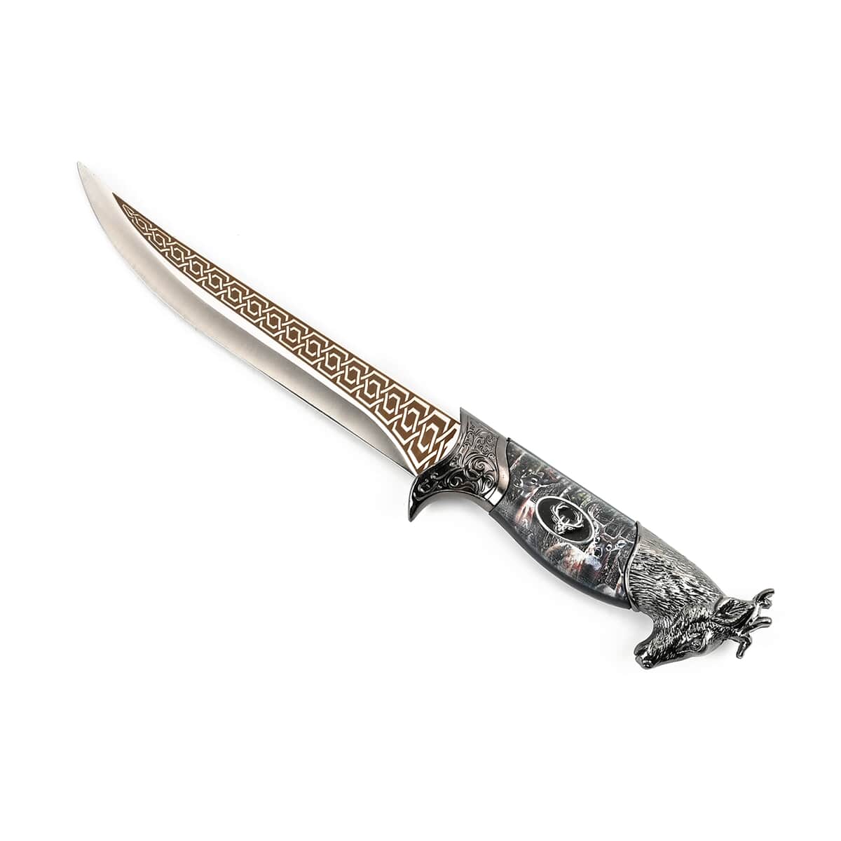 Doorbuster Dark Silver Outdoor Hunting Knife Stainless Steel Blade 6.6 and Scabbard Handle with Deer Head Pommel image number 0