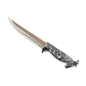 Dark Silver Outdoor Hunting Knife Stainless Steel Blade 6.6 and Scabbard Handle with Deer Head Pommel