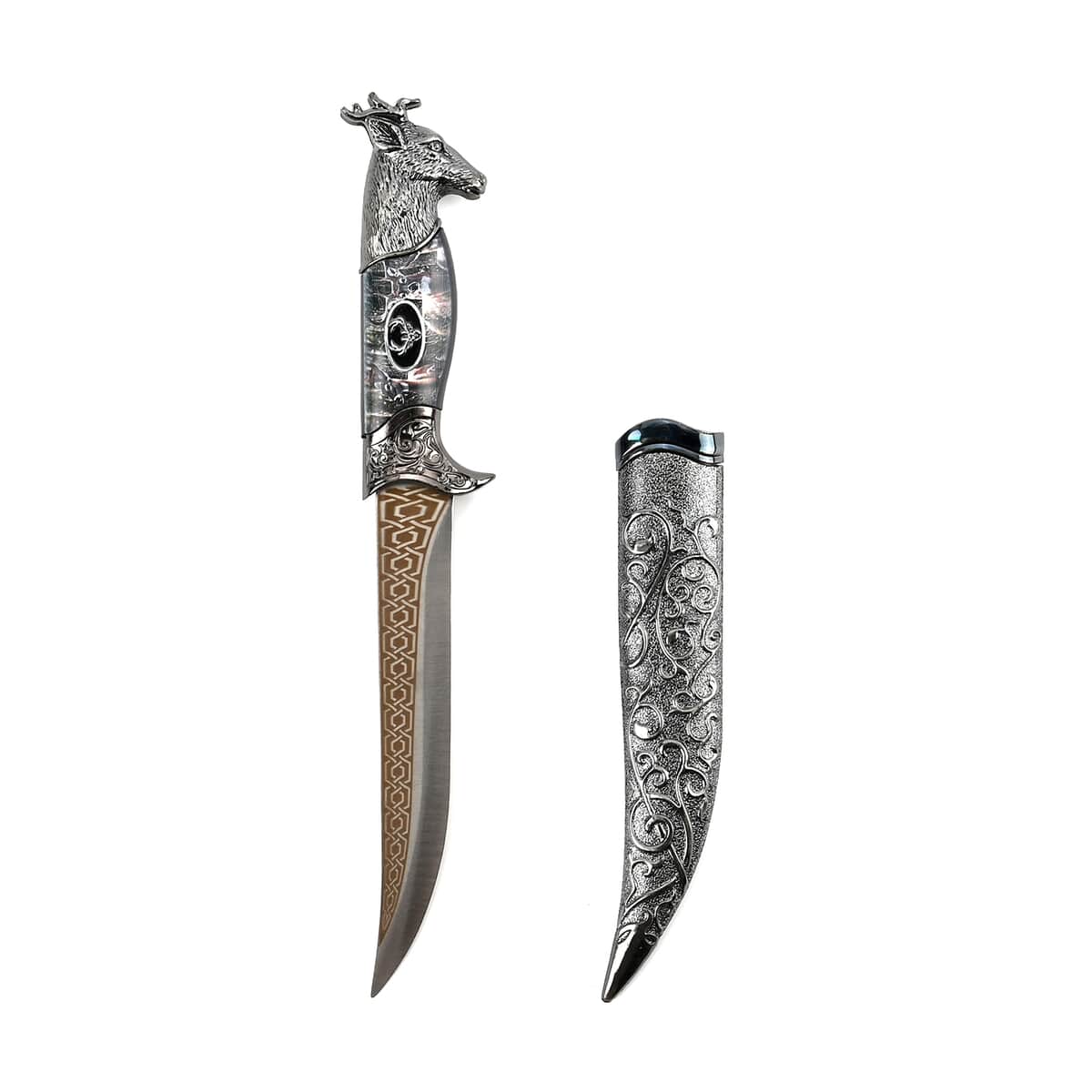 Doorbuster Dark Silver Outdoor Hunting Knife Stainless Steel Blade 6.6 and Scabbard Handle with Deer Head Pommel image number 1