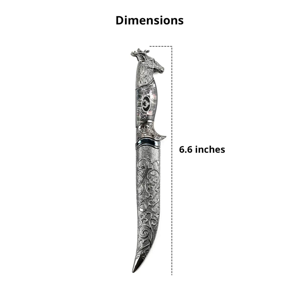 Doorbuster Dark Silver Outdoor Hunting Knife Stainless Steel Blade 6.6 and Scabbard Handle with Deer Head Pommel image number 4