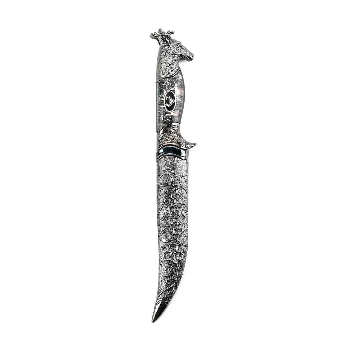 Doorbuster Dark Silver Outdoor Hunting Knife Stainless Steel Blade 6.6 and Scabbard Handle with Deer Head Pommel image number 6