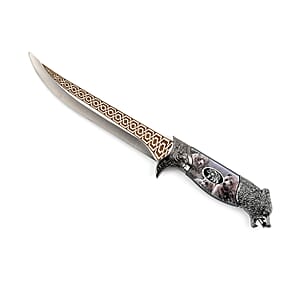 Dark Silver Outdoor Hunting Knife Stainless Steel Blade 6.6 and Scabbard Handle with Bear Head Pommel