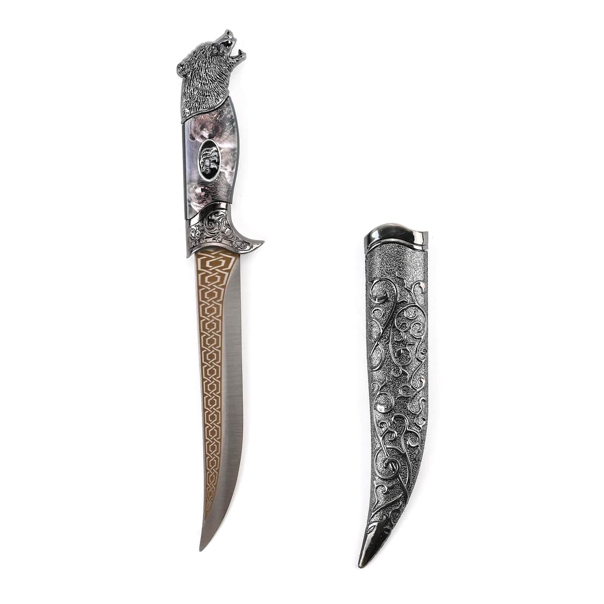 Dark Silver Outdoor Hunting Knife Stainless Steel Blade 6.6 and Scabbard Handle with Bear Head Pommel image number 1