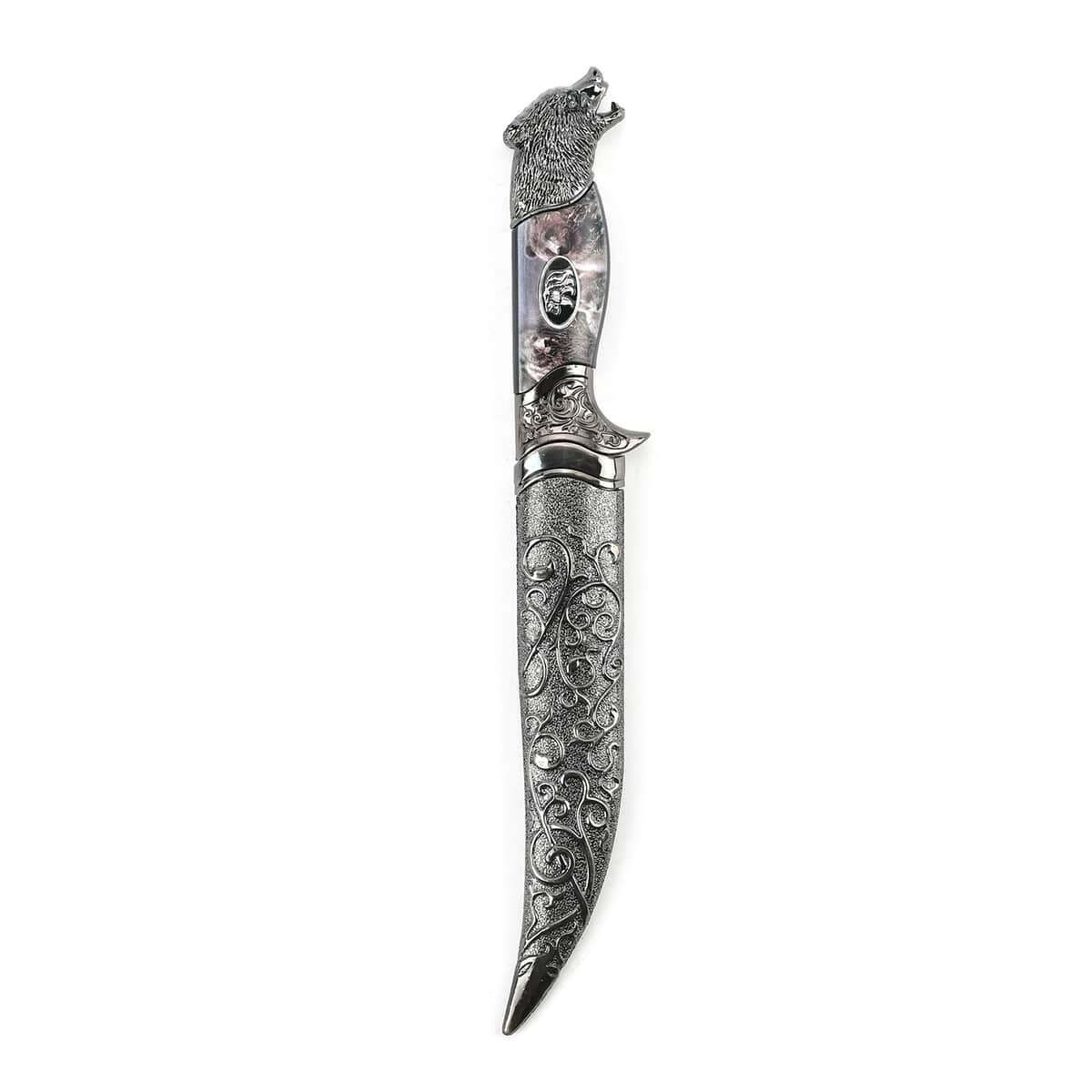 Dark Silver Outdoor Hunting Knife Stainless Steel Blade 6.6 and Scabbard Handle with Bear Head Pommel image number 2