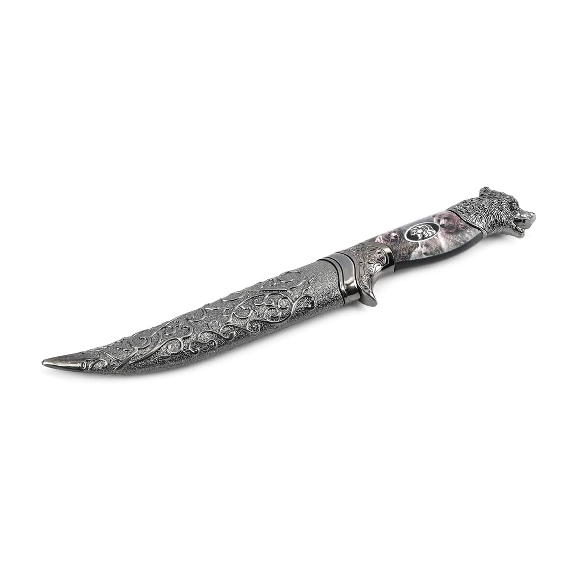 Dark Silver Outdoor Hunting Knife Stainless Steel Blade 6.6 and Scabbard Handle with Bear Head Pommel image number 3