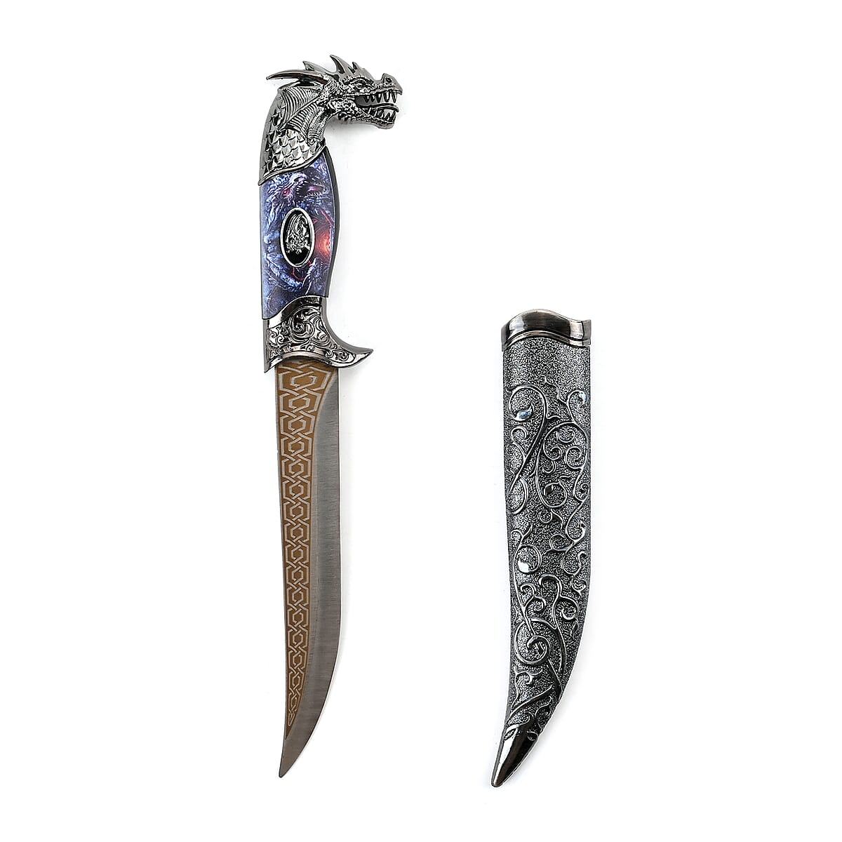 Dark Silver Outdoor Hunting Knife Stainless Steel Blade 6.6 and Scabbard Handle with Dragon Head Pommel image number 1