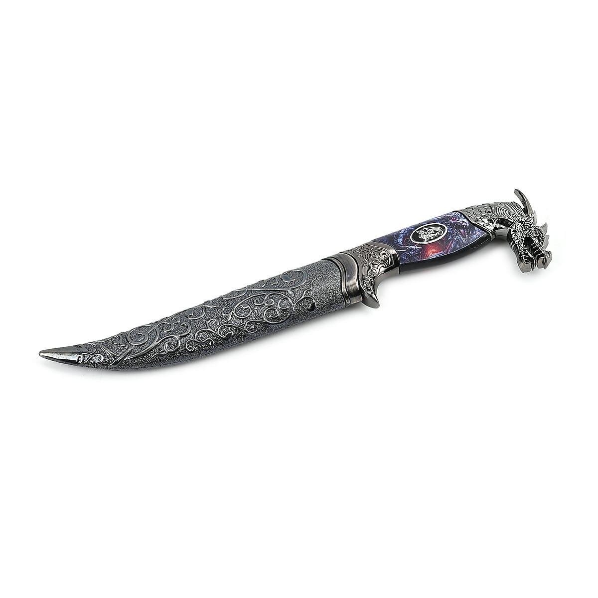 Dark Silver Outdoor Hunting Knife Stainless Steel Blade 6.6 and Scabbard Handle with Dragon Head Pommel image number 3