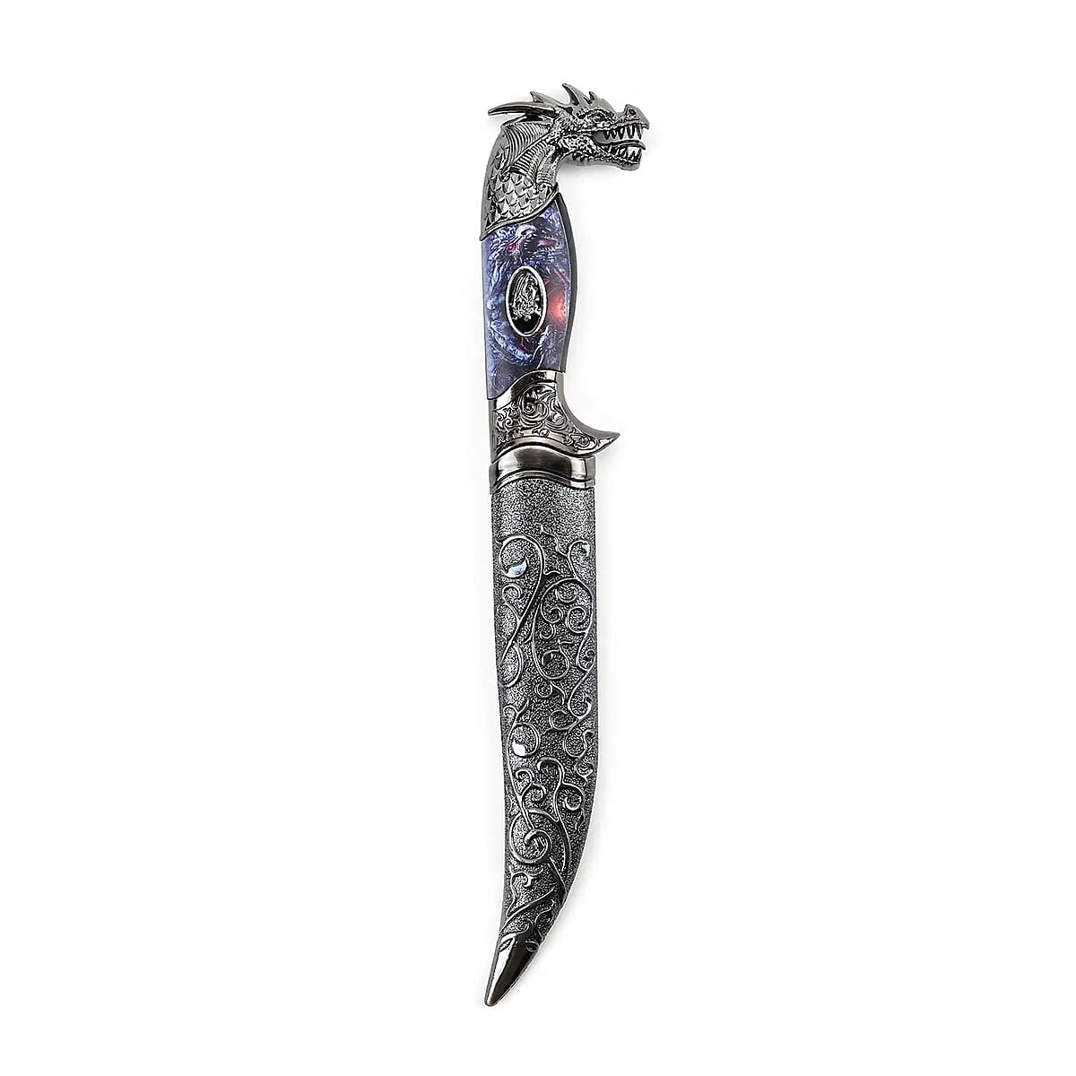 Dark Silver Outdoor Hunting Knife Stainless Steel Blade 6.6 and Scabbard Handle with Dragon Head Pommel image number 6