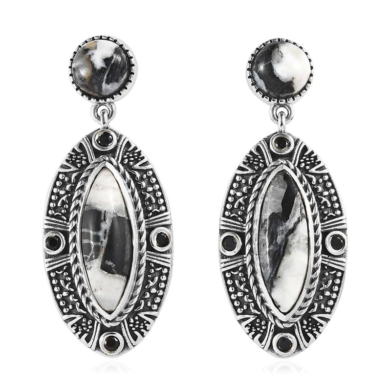 D'Joy Artisan Crafted White Buffalo and Thai Black Spinel Dangle Earrings in Sterling Silver 9.60 ctw