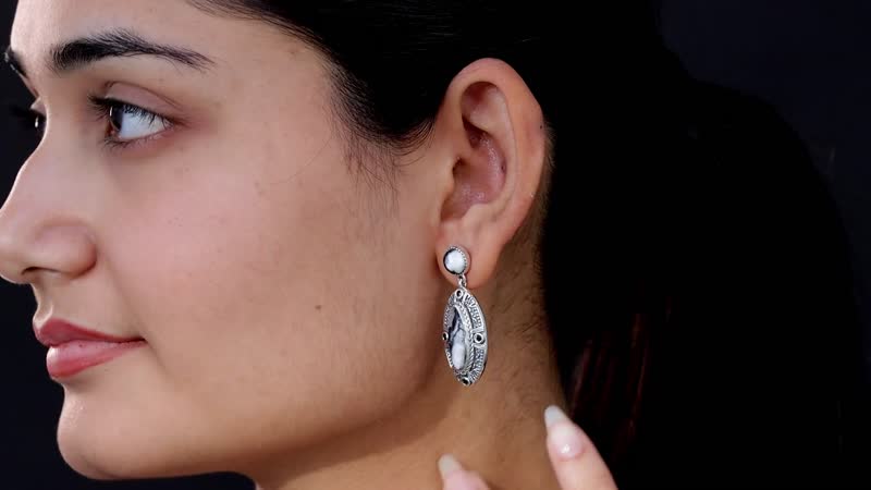 D'Joy Artisan Crafted White Buffalo and Thai Black Spinel Dangle Earrings in Sterling Silver 9.60 ctw