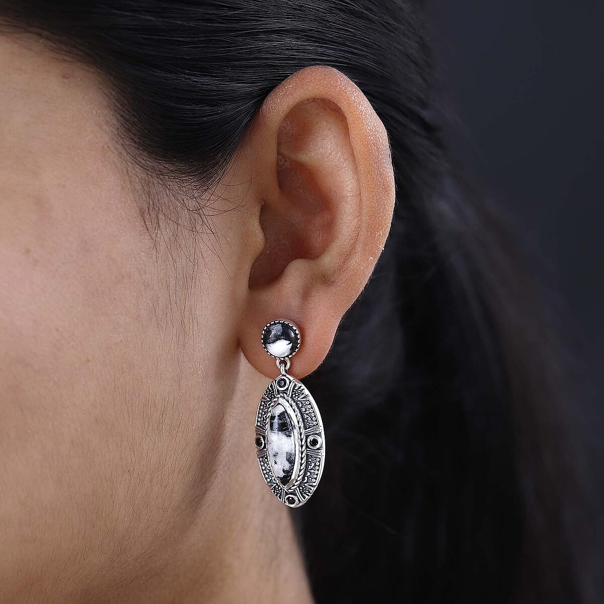 D'Joy Artisan Crafted White Buffalo and Thai Black Spinel Dangle Earrings in Sterling Silver 9.60 ctw image number 2