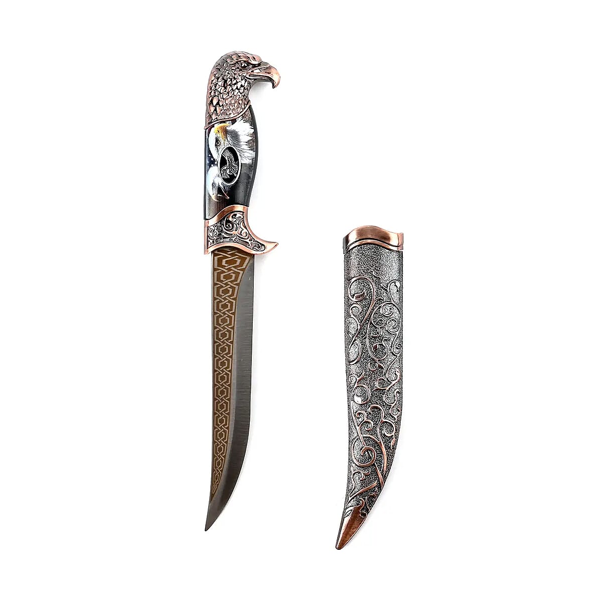 Copper Color Outdoor Hunting Knife Stainless Steel Blade 6.6 and Scabbard Handle with Eagle Head Pommel image number 5