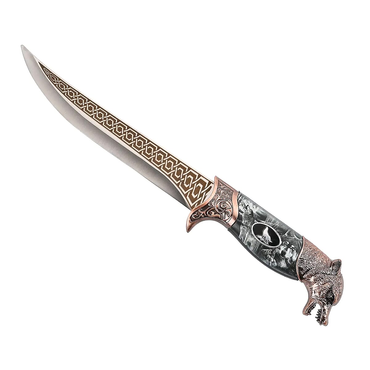 Copper Color Outdoor Hunting Knife Stainless Steel Blade 6.6 and Scabbard Handle with Cayote Head Pommel image number 0