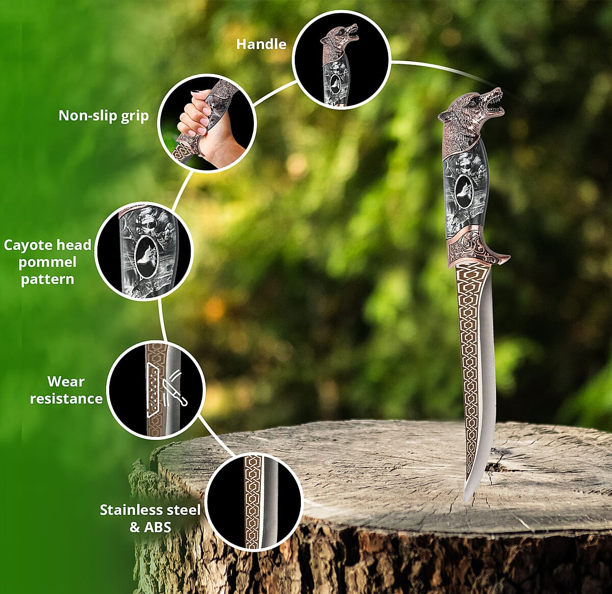 Copper Color Outdoor Hunting Knife Stainless Steel Blade 6.6 and Scabbard Handle with Cayote Head Pommel image number 1