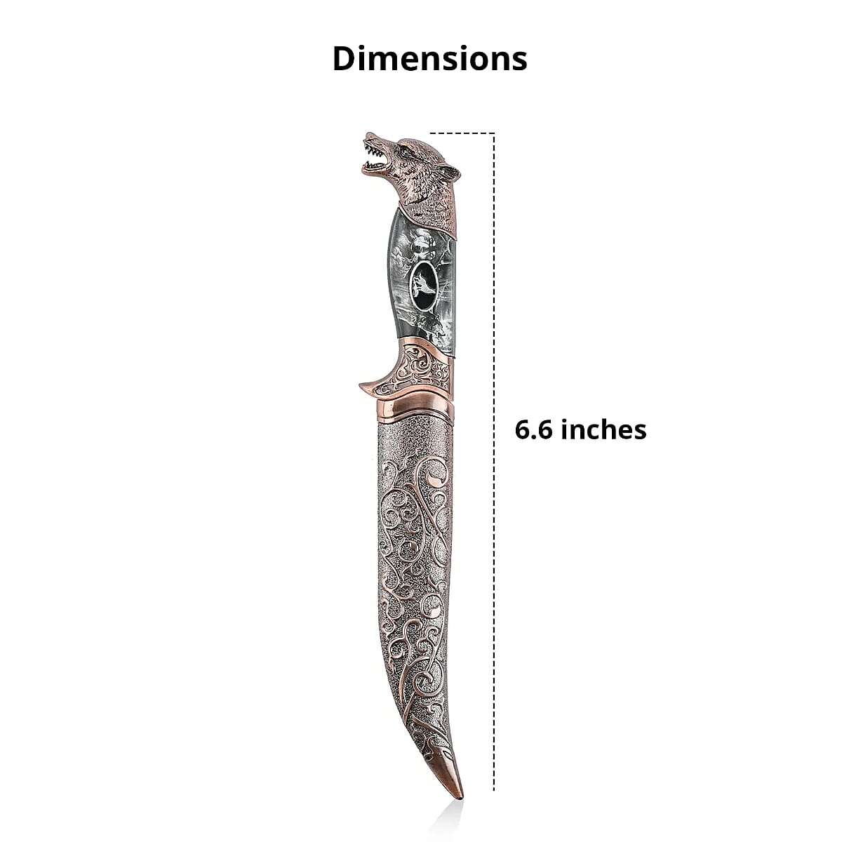 Copper Color Outdoor Hunting Knife Stainless Steel Blade 6.6 and Scabbard Handle with Cayote Head Pommel image number 4