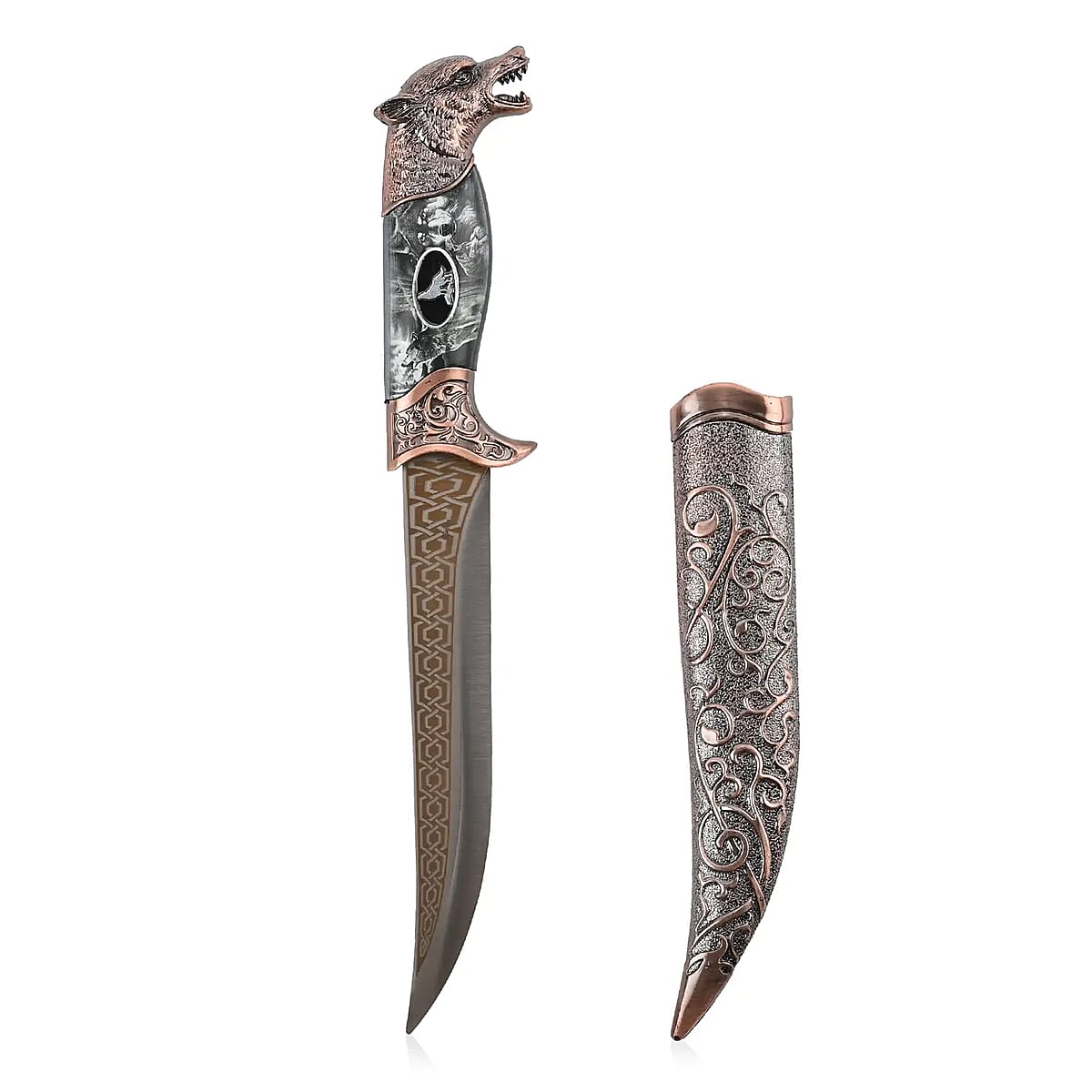 Copper Color Outdoor Hunting Knife Stainless Steel Blade 6.6 and Scabbard Handle with Cayote Head Pommel image number 5