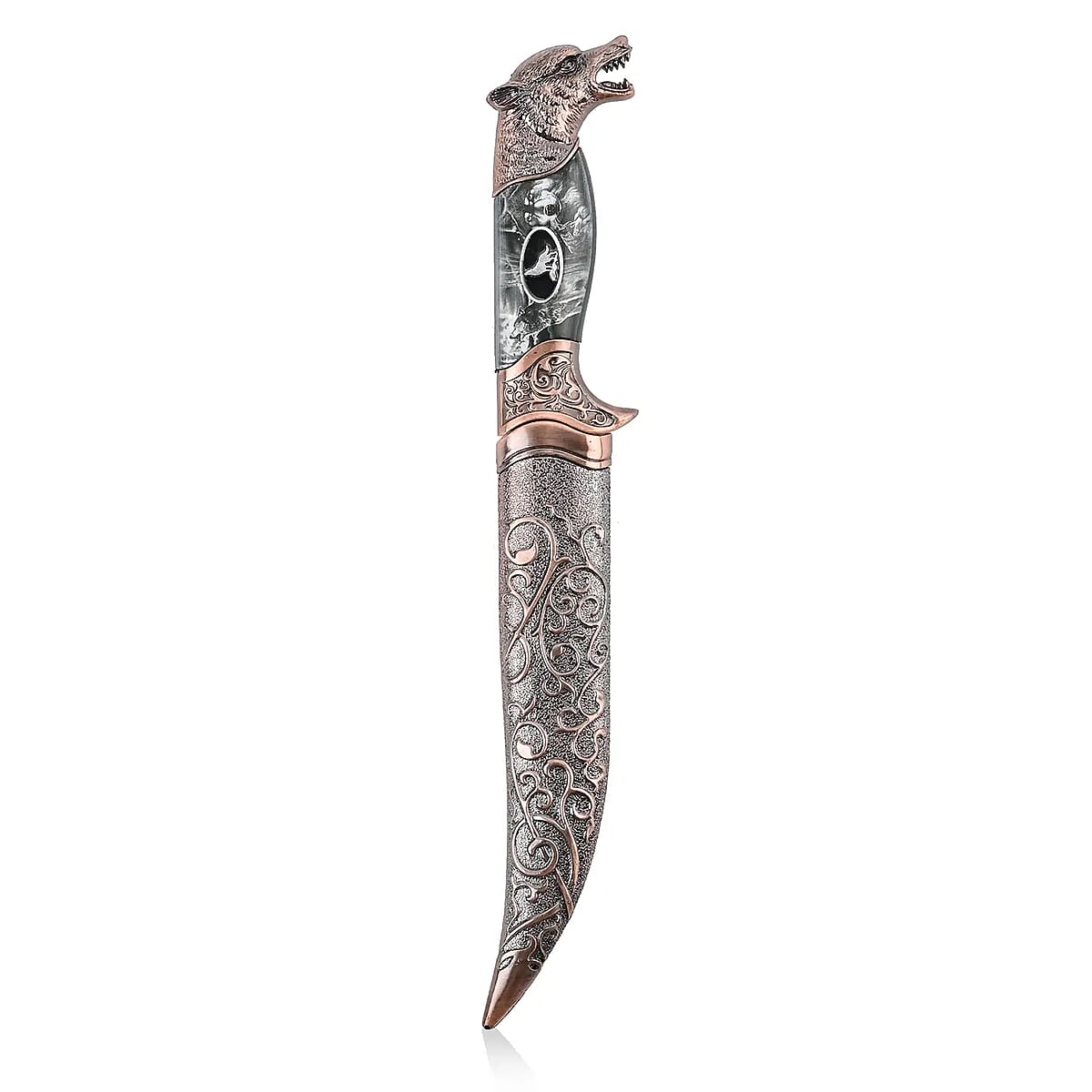Copper Color Outdoor Hunting Knife Stainless Steel Blade 6.6 and Scabbard Handle with Cayote Head Pommel image number 6