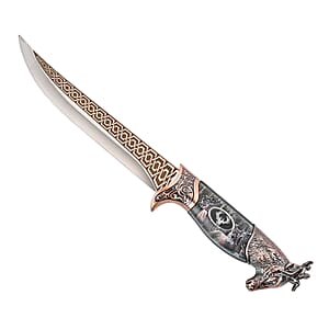 Copper Color Outdoor Hunting Knife Stainless Steel Blade 6.6 and Scabbard Handle with Deer Head Pommel