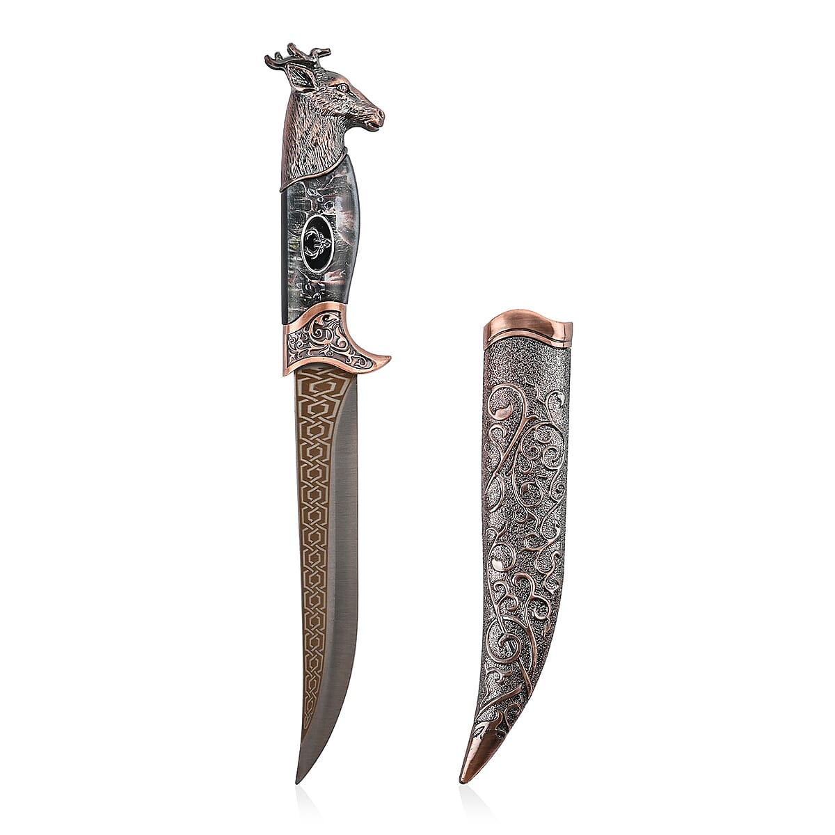 Copper Color Outdoor Hunting Knife Stainless Steel Blade 6.6 and Scabbard Handle with Deer Head Pommel image number 1