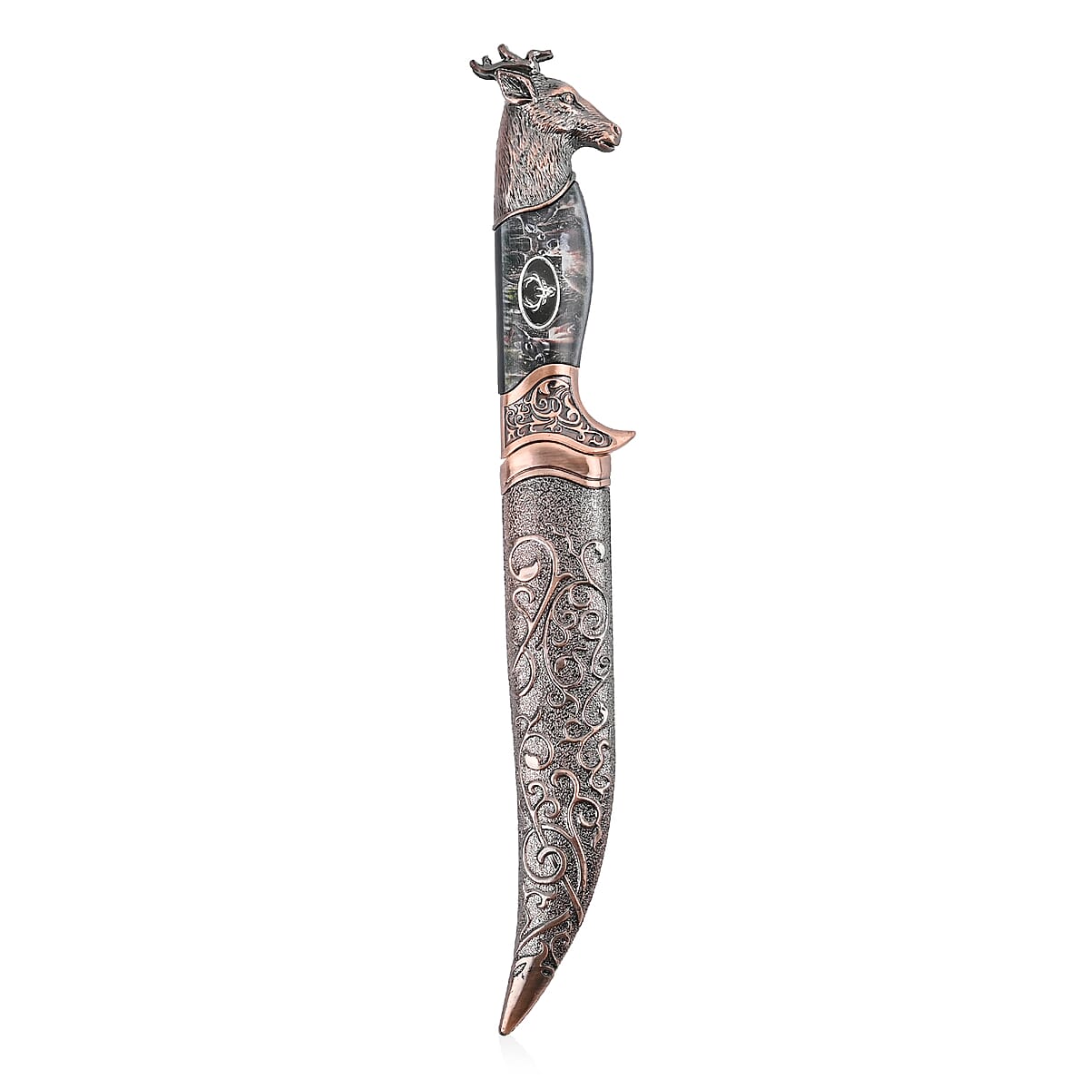 Copper Color Outdoor Hunting Knife Stainless Steel Blade 6.6 and Scabbard Handle with Deer Head Pommel image number 2