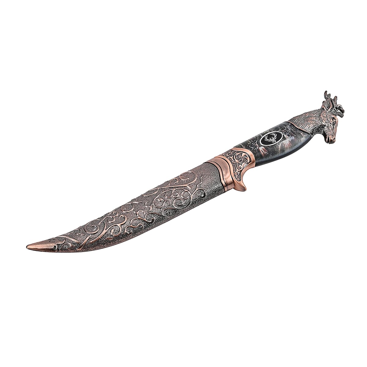 Copper Color Outdoor Hunting Knife Stainless Steel Blade 6.6 and Scabbard Handle with Deer Head Pommel image number 3