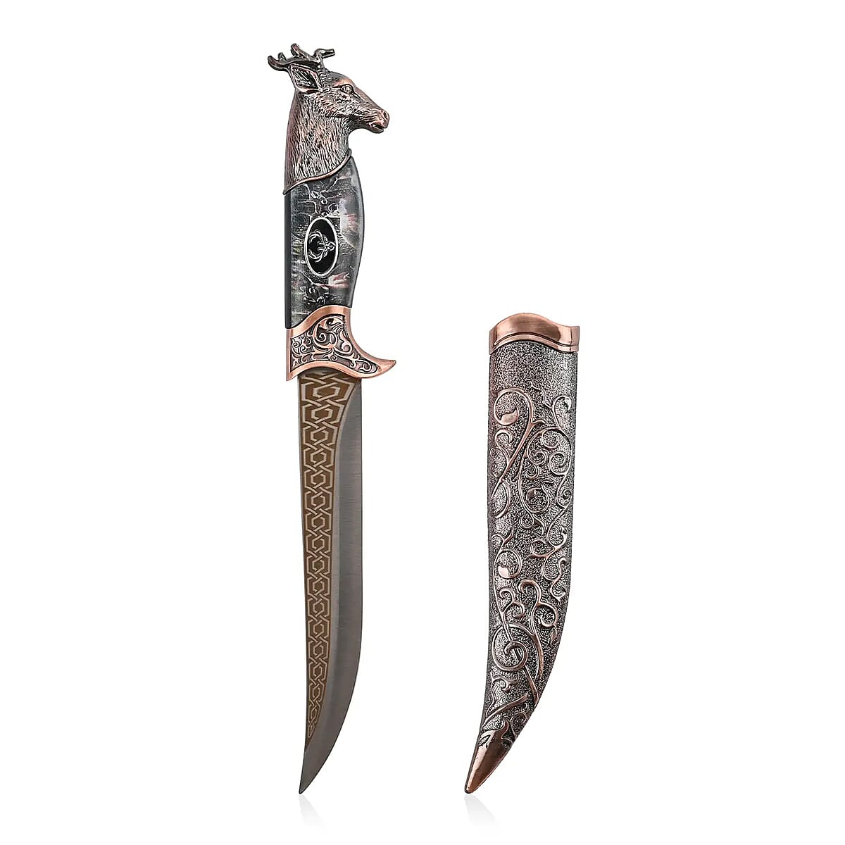 Copper Color Outdoor Hunting Knife Stainless Steel Blade 6.6 and Scabbard Handle with Deer Head Pommel image number 5