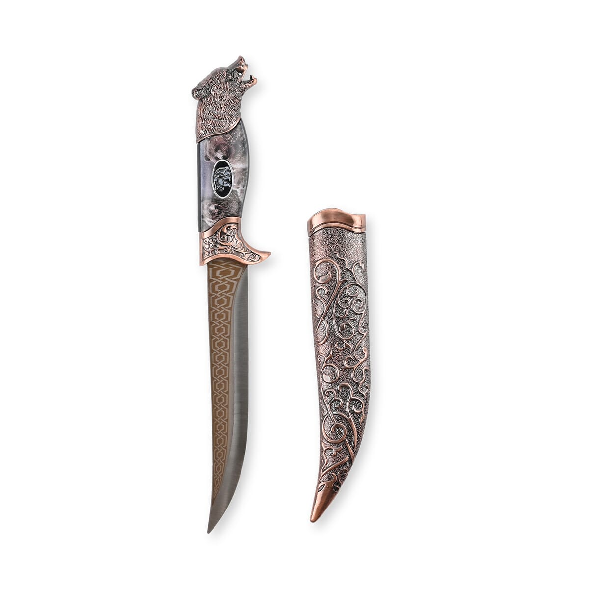 Copper Color Outdoor Hunting Knife Stainless Steel Blade 6.6 and Scabbard Handle with Bear Head Pommel image number 1