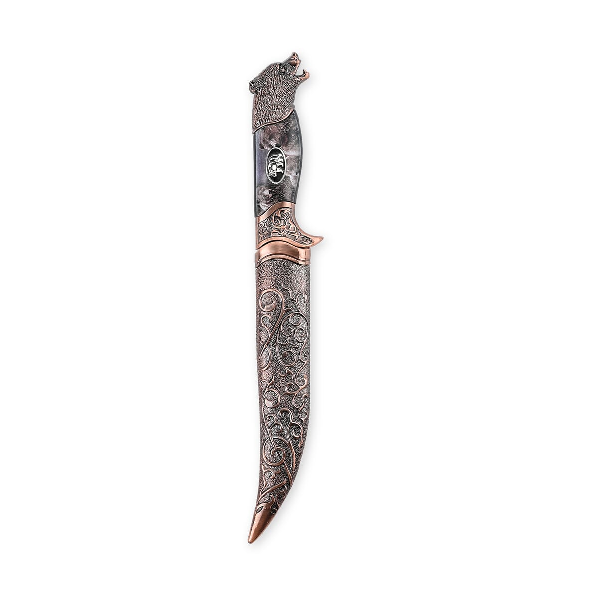 Copper Color Outdoor Hunting Knife Stainless Steel Blade 6.6 and Scabbard Handle with Bear Head Pommel image number 2