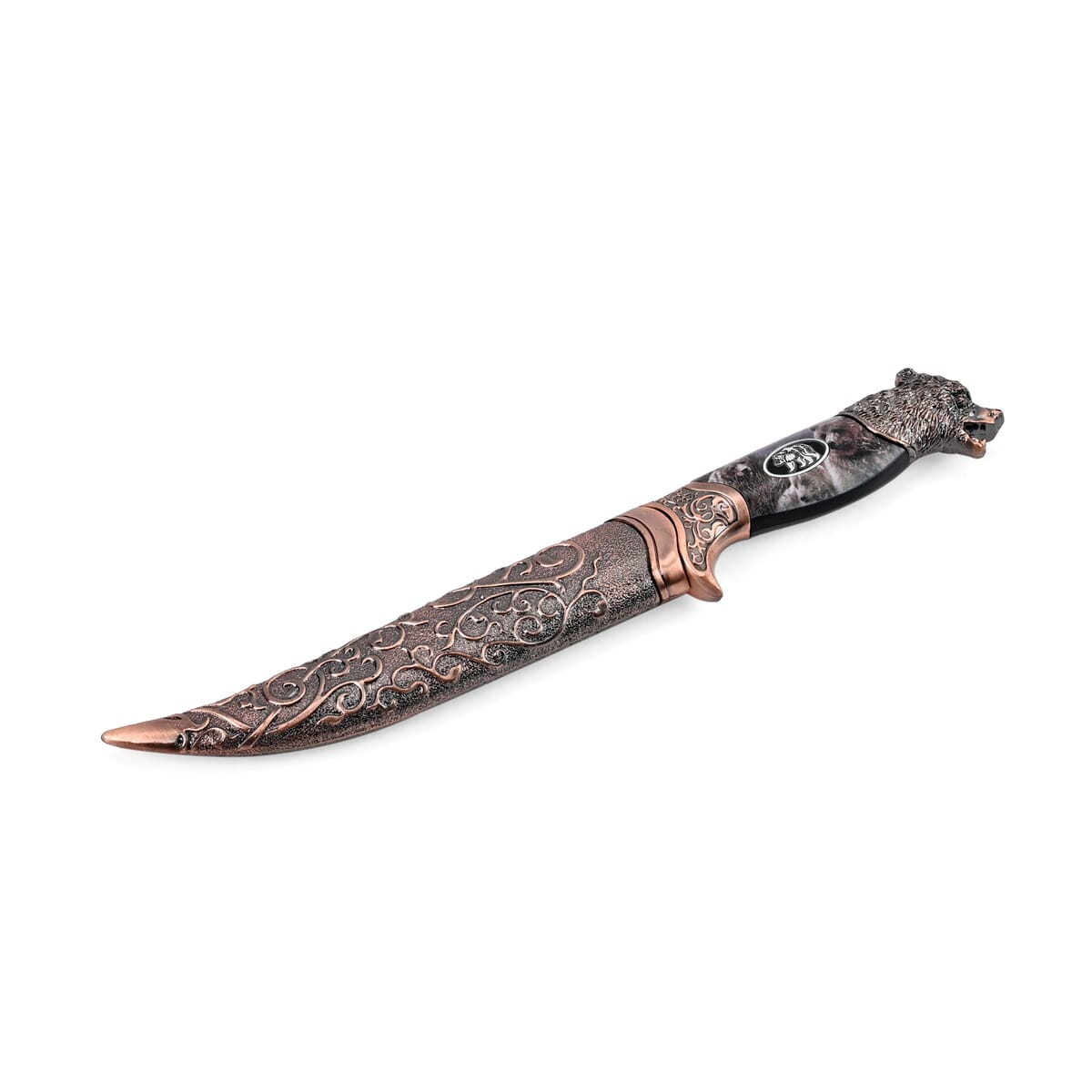 Copper Color Outdoor Hunting Knife Stainless Steel Blade 6.6 and Scabbard Handle with Bear Head Pommel image number 3