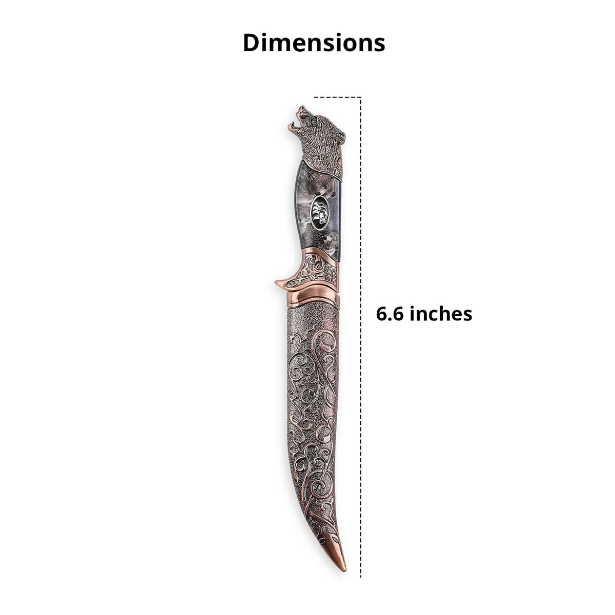 Copper Color Outdoor Hunting Knife Stainless Steel Blade 6.6 and Scabbard Handle with Bear Head Pommel image number 4
