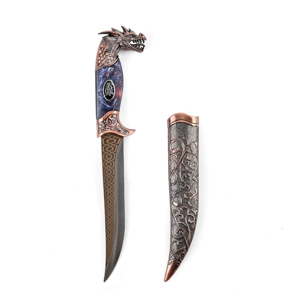 Doorbuster Copper Color Outdoor Hunting Knife Stainless Steel Blade 6.6 and Scabbard Handle with Dragon Head Pommel image number 1