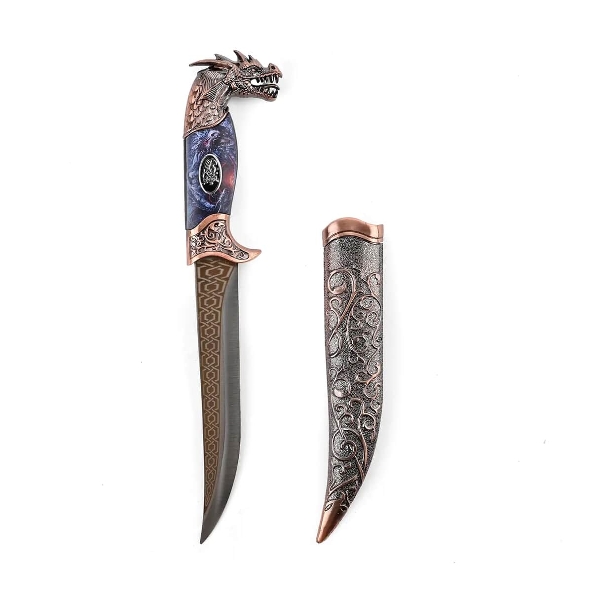 Doorbuster Copper Color Outdoor Hunting Knife Stainless Steel Blade 6.6 and Scabbard Handle with Dragon Head Pommel image number 5