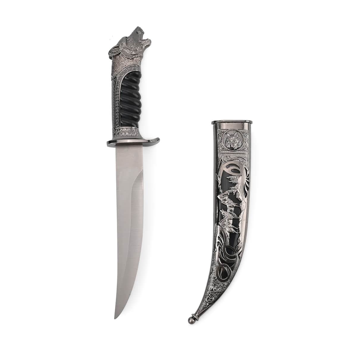 Dark Silver Outdoor Hunting Knife Stainless Steel Blade 6.6" and Scabbard Handle with Cayote Head Pommel image number 1