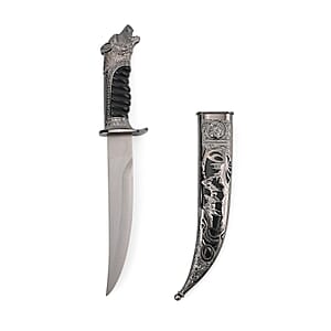 Dark Silver Outdoor Knife with Stainless Steel Blade, Scabbard Handle, Cayote Head Pommel, Survival Steel Blade Knife, Camping Knives for Men women