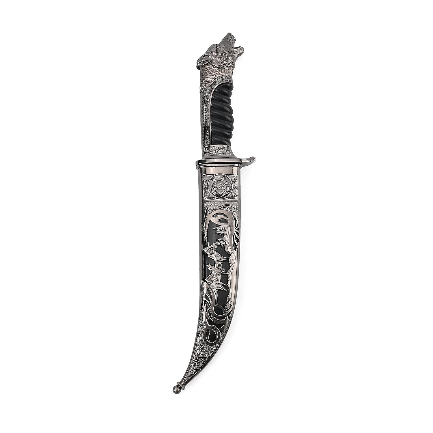 Dark Silver Outdoor Knife with Stainless Steel Blade, Scabbard Handle, Cayote Head Pommel, Survival Steel Blade Knife, Camping Knives for Men women
