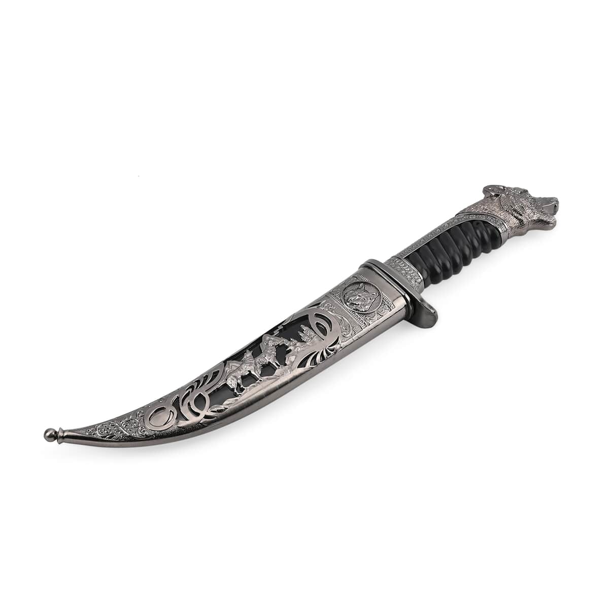 Buy Dark Silver Outdoor Hunting Knife Stainless Steel Blade 6.6 and  Scabbard Handle with Cayote Head Pommel at ShopLC.
