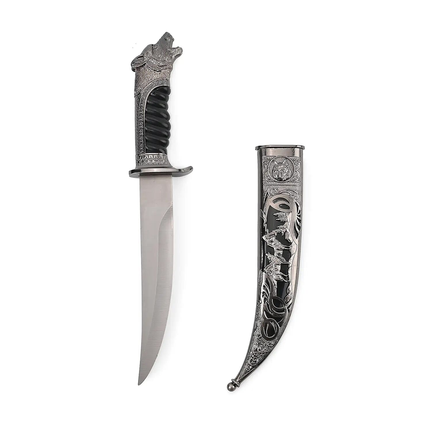 Dark Silver Outdoor Knife with Stainless Steel Blade, Scabbard Handle, Cayote Head Pommel, Survival Steel Blade Knife, Camping Knives for Men women