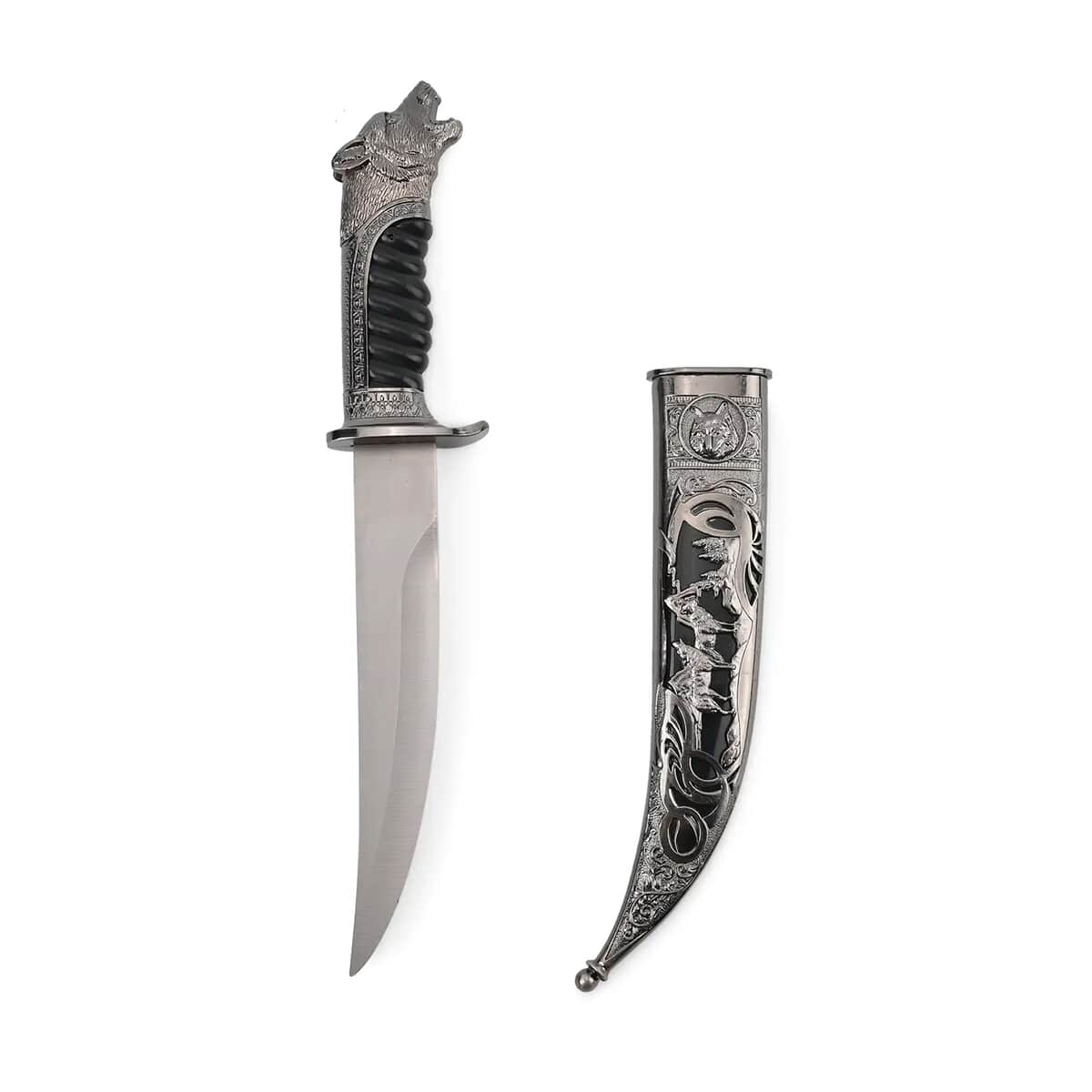 Buy Dark Silver Outdoor Hunting Knife Stainless Steel Blade 6.6 and Scabbard  Handle with Cayote Head Pommel at ShopLC.